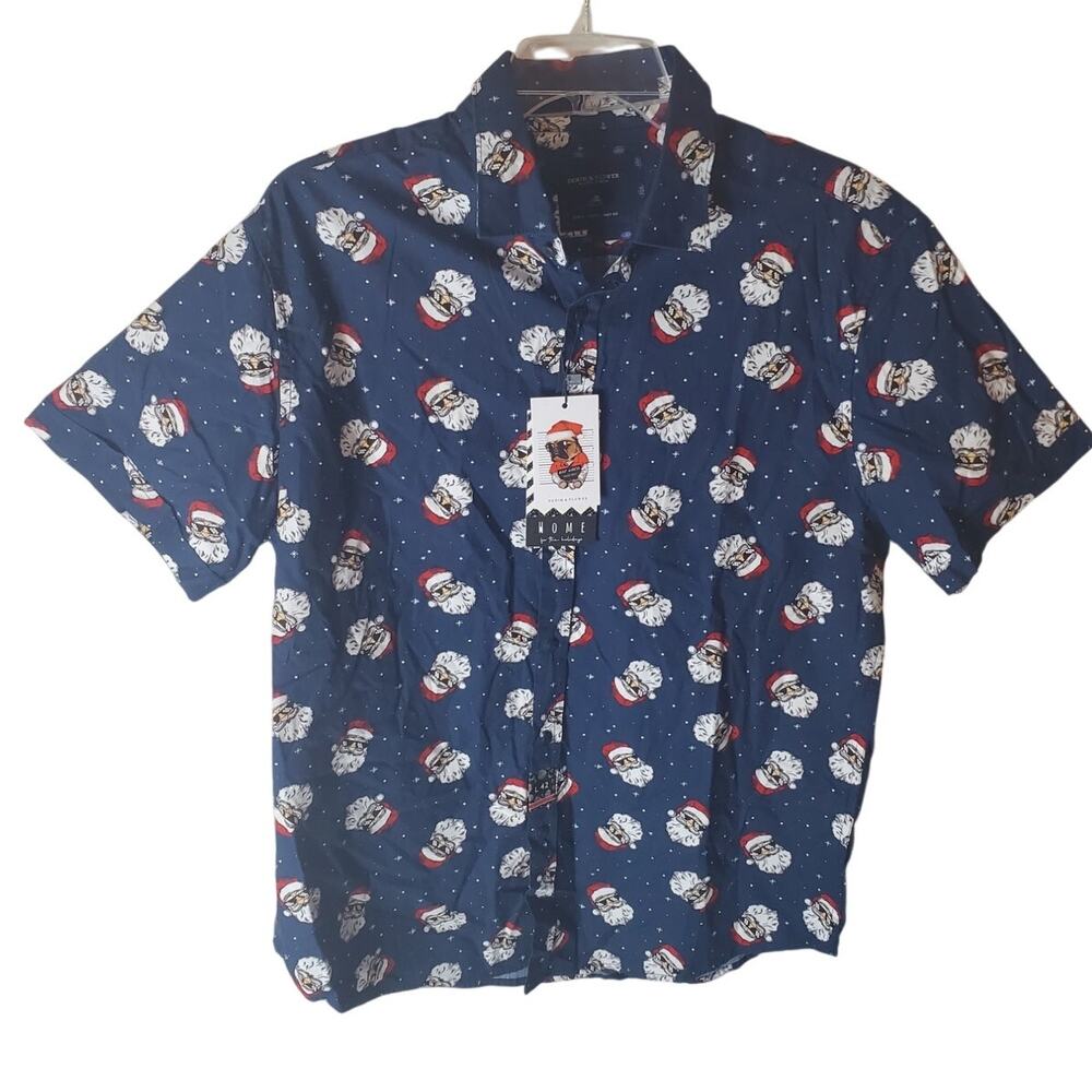Denim + Flower Short Sleeve Button Down Collared Santa Shirt, NWT, Large